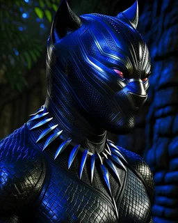 Ultra level Photorealistic, Within the mystical aura of a forgotten cave, Black panther stands surrounded by shimmering crystals that emit a soft, enchanting glow. The light plays upon his armored suit, revealing intricate details and the battle-worn marks of his crusade. As he gazes ahead, his eyes seem to hold the secrets of both the mortal world and the mystical realm, intertwining his destiny with the very essence of the night. Perfect face detail