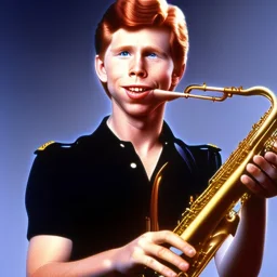 REd-haired ron howard as richie from happy days playing the saxophone, his eyes are closed, rock band, saxophone lips