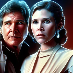 old carrie fisher embracing harrison ford in star wars, waist up portrait, photorealistic faces, intricate, oil on canvas, masterpiece, expert, insanely detailed, 4k resolution, cinematic smooth, intricate detail , soft smooth lighting, soft pastel colors,