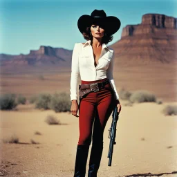 [colour photo by Helmut Newton] happy in the wild Wild West: My Name Is Nobody [Il mio nome è Nessuno (1973)] youthful Sophia Loren stands tall with her gun, a Spanish and dangerous western cowgirl