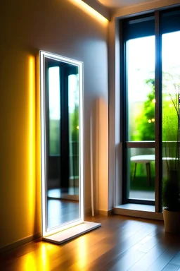 Vertically rectangular standing mirror with white led lights around it. With a nice background as a living room background room should be sunny and nice room should have a sunny and nice view