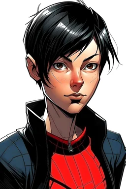 A woman character with a black short wolf cut hair in Spiderman comic style