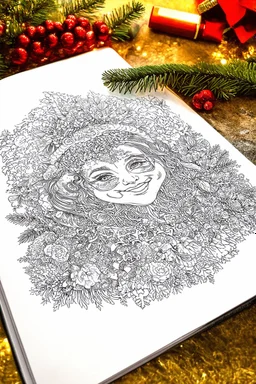 coloring book page of a Christmas drawing, very detailed