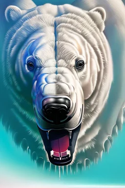 poetical, surreal minimalistic artwork, a tattooed maori, a cyberpunk polar bear, with a surreal engine mechanism, side view, in the style of Max Ernst, Renè Magritte, vivid colors, photo realistic web edition, ambient occlusion, strong top light , on white background