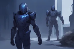 concept character art, Jon is a cyborg warrior wearing a dark blue battle suit, full length body view, Jon is facing the camera, Jon is facing away from the camera --ar 3:2