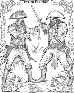 Pirates of the Caribbean: Dueling Pirates Coloring Challenge: Create an action-packed coloring page inspired by the Pirates of the Caribbean movie, featuring a dramatic scene with two pirates engaged in a thrilling sword duel. Capture the intensity of the battle with dynamic poses and expressions, providing ample space for young artists to color the characters and their surroundings in black and white. This coloring challenge invites kids to infuse their creativity into the high-stakes world of