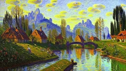 Sunny day, Distant mountains, rocky stream, alfred sisley impressionism painting