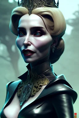 Constance Langdon as evil queen in black leather, leather, busty, cleavage, angry, stern look. character design by cory loftis, fenghua zhong, ryohei hase, ismail inceoglu and ruan jia. unreal engine 5, artistic lighting, highly detailed, photorealistic, fantasy