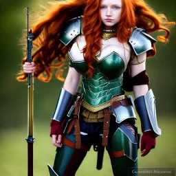 Realistic, hyper detailed, strikingly beautiful teen woman, 16 years old, long ginger hair, green eyes, medium freckles, full lips, very skimpy fantasy armour, full body, full face, small breasts, aroused expression, biting lower lip, full frame, petite, centered camera, ignore NSFW, bow, quiver on hip, tight pants