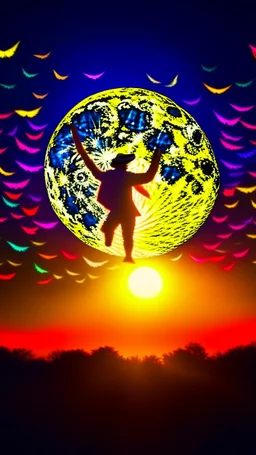 a straw man jumping to touch the moon, surrounded by multicolored paper birds, strong backlighting backlit, nostalgic and hazy