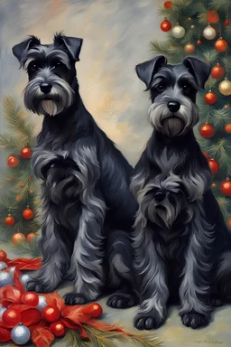 make a picture of a Christmas three just black color and same size schnauzer dogs by Michelangelo by Monet