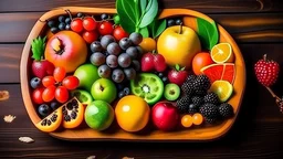 Set of summer fruits and berries in wooden serving.