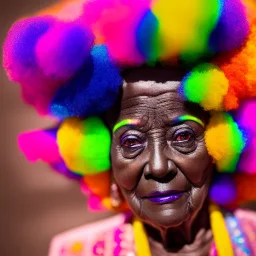 masterpiece, best quality, old woman, dark skinned, sparkling eyes, fluorescent skin, colorful makeup, afro, head shot, highly detailed body, sun light, 4K, RAW, depth of field, high contrast, realistic details, 24mm