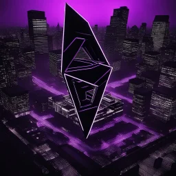 a large dark black ominous rhombus shaped structure with a neon purple outline floating high above a dystopian monochrome city