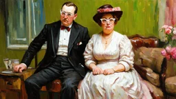 Eccentric Elegance with white glasses, Impressionist painting of an odd couple from 1890. The man is very thin, the wife is very fat, in the Victorian American style. Rough, rough brushstrokes, impressionist style painting