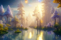 white and gold crystal cosmic and galactic ambiance river sky trees , full of details, smooth, bright sunshine，soft light atmosphere, light effect，vaporwave colorful, concept art, smooth, extremely sharp detail, finely tuned detail, ultra high definition, 8 k, unreal engine 5, ultra sharp focus