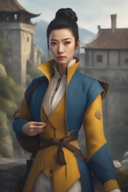 front view, beautiful female, asian, pale skin, dark hair, front mohawk, back high bun hairstyle, detailed dark eyes, yellow jacket, wearing backpack, baggy blue pants, fantasy setting, medieval, year 1800, 8k, high detail, intricate, cinematic background, facing viewer