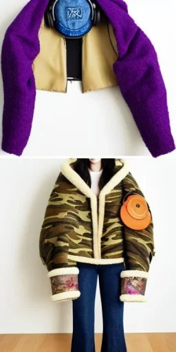 Brunette she. average body type. big head. Mantle is sewed of upcycled Denim and sewed together of camouflage pieces. Pieces' color are orange, cream and purple. It is with big bright purple felt tippet and cream-colored-hood. mantle is merged with satchel. . Big AKG-style headphones (gold rings!) is merged with small felt cap with small visor. Style: Haute Couture in 1910's, Paris fashion in 1998, inspired by street art. Cream latex gaiter. Her head and rest body!