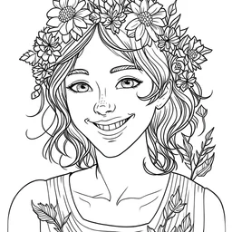 outline art for square smily face woman flowers crown coloring page for kids, classic manga style, anime style, realistic modern cartoon style, white background, sketch style, only use outline, clean line art, no shadows, clear and well outlined