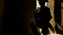 soldado ocultándose en sombra proyectada, solo visible por mínima variación tonal, composición de alto contraste, influencia de Caravaggio