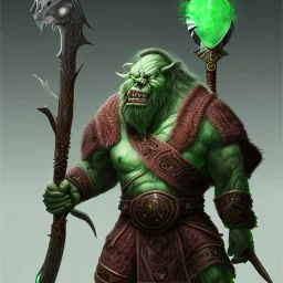 orc mage, Height 200cm, Weight 150kg, Skin color green, Has predator-like eyes, fangs, and claws. He holds a magic wand by both hands. He kills humans with ferocious accuracy. His intelligence is equal to that of a human. Wears robes of crude cloth