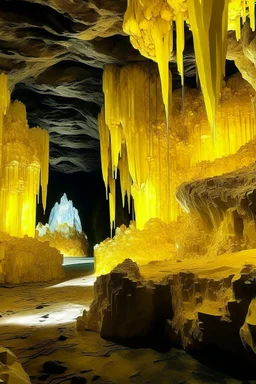 A yellow cavern with crystals designed in ancient Egyptian architectures and sculptures painted by Hashimoto Gahō