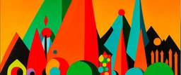 An orange color mountain with spike balls painted by Stuart Davis