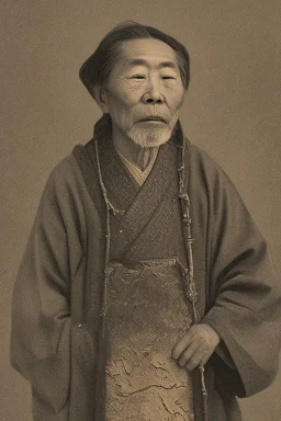 A man in old Japanese clothes is standing in nature while it is raining , winter rain,dramatic scene