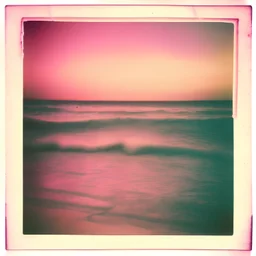 Photographic, Sea, soft pink waves, polaroid with damaged border, 1968, sunset, tape