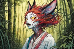 full color front facing full body portrait of a kitsune spirit possessed woman with highly detailed hair and slim, narrow facial features, trekking through haunted mountain bamboo forest, pierced by shafts of early evening light , danger lurks everywhere but she is undeterred and resolute in her purpose, art in the style of Alex Pardee, spirited away, studio ghibli, , 8k , finely detailed and precise line work, soft gauzy pastel colors