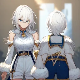 Clear focus, High resolution, rough line sketch art, short fluffy white hair, hair between eyes, fluffy hair, blue eyes, wearing a sleeveless shirt, wearing shorts, detailed outfit, lots of details, bow on belt, white belt, white and blue everywhere on outfit, cut sleeve, yellow chains around outfit