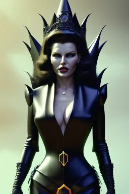 Rita Hayworth as evil queen in black leather, leather, busty, cleavage, angry, stern look. character design by cory loftis, fenghua zhong, ryohei hase, ismail inceoglu and ruan jia. unreal engine 5, artistic lighting, highly detailed, photorealistic, fantasy