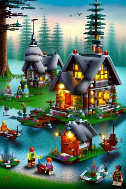 lego cottage in the forest with lake boy girl