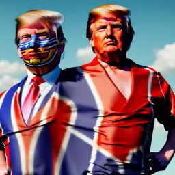 realistic image of donald trump as a mexican wrestling fighter posing outdoors, Mexican eyes wrestling mask, red and blue breeches, confederate flag cape, retro style, 80s, vibrant color, highly detailed, sky background, concept art, unreal engine 5, god rays, ray tracing, RTX, lumen lighting, ultra detail, volumetric lighting, 3d, finely drawn, high definition, high resolution.