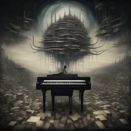 Ethereal, glitchy dreamscape, Phlegm, surreal dark fantasy, pianist