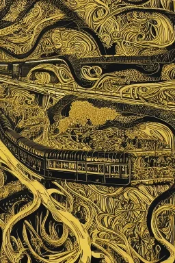 Insanely detailed intricately detailed meticulously detailed hyperdetailed black outline of a train on gold paper, high contrast, beautiful landscape, detailed full-color, nature, HD photography, Josan Gonzalez, Tishk Barzanji, Anne Dittmann, autoCAD