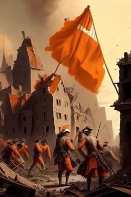 Dutch soldiers from the 1700s putting a orange flag in the middle of a destroyed city