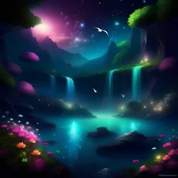 beautiful fairy land in space,night lights,flowers,river,waterfall,trees