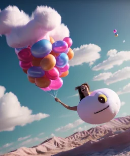 Ultra realistic speed clouds sky scene, wide angle view, sweet women falling down, inflatable color clothing, free jumping flying, many trinkets, hair monster, many jelly beans, balls, color smoke, smile, happy, circus style, extreme, wind, clouds sea, 20,000 feet altitude, stratosphere, soft color, highly detailed, unreal engine 5, ray tracing, RTX, lumen lighting, ultra detail, volumetric lighting, 3d, finely drawn, high definition, high resolution.