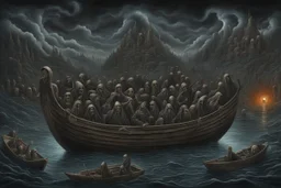 on the river Styx, in a special creepy boat, the boatman in the hood of Death, who takes the guilty people to the endless darkness, to hell on the boat, the crowd of crying, howling, begging dead, surreal style, dark colors, strange surreal nightmare landscape, high detail, sinister, surreal art, chillingly fascinating