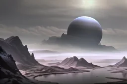 Alien landscape with grey exoplanet in the sky, over the valley. Pond, cinematic, movie poster