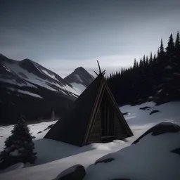 Hut out of dark wood with special, unique architecture. On a snowy, landscape, mountains in the distance.