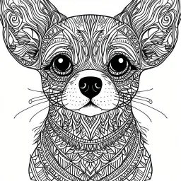 Chihuahua, front view, mandala, minimal lines, cartoon, white back ground color, real style, realistic, minimalistic, minimal black line art, line art, crisp line art, unique coloring sheet, outlined, outline, crisp, crisp line edges, illustration, thin lines, crisp clear lines, line art, clean line art, unique, 8k, amazing, masterpiece, no colors, no dark color, no black color, avoid thick black, minimalistic line edges, pure white back ground, image character full fit to page,