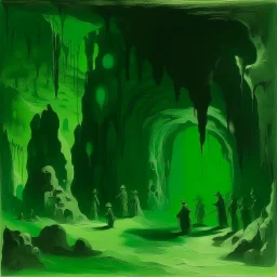 Dark green catacombs covered in slime painted by Lyonel Charles Feininger