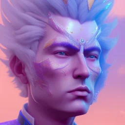 A portrait of a crystalised blue pink king, gold, sunny background, atmospheric, realistic, unreal engine, 8k. Cinematic lighting, octane render.