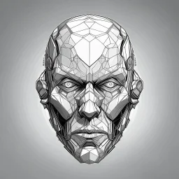 monotone robot face, sci fi, low details, polygonal, black and white ink, grey plain background