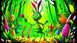 fantasy cartoon style illustration: At the forest carnival, the grasshopper's radiant and vibrant costume amazed all the others woodland animals!