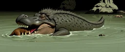 crocodile hippo with fluffy hair, doing dog things and eating small dog in the style of fallout 4 and giger and escher
