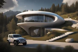 Photo of a futuristic cabin with a shape inspired by the infinity symbol in plan and the x cross in elevation. Glass facades are interspersed between the curved walls, which are steps to go up to the roof to a terrace. There is a driveway leading to the house on the side of the hill, with a luxury jeep parked. It has a biomimetic design. There are hikers in the distance and the silhouette of a bird in the sky. By drone. Clear blue sky and summer weather. Green trees