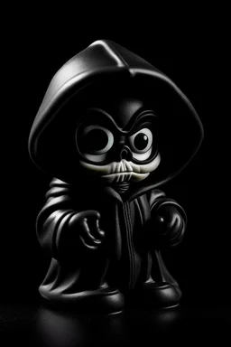 1950s goofy vinyl toy of skull face character wearing a black hooded cloak, drawn in a early animation rubber hose animation style, inside a diamond shape on a black background, monochromatic